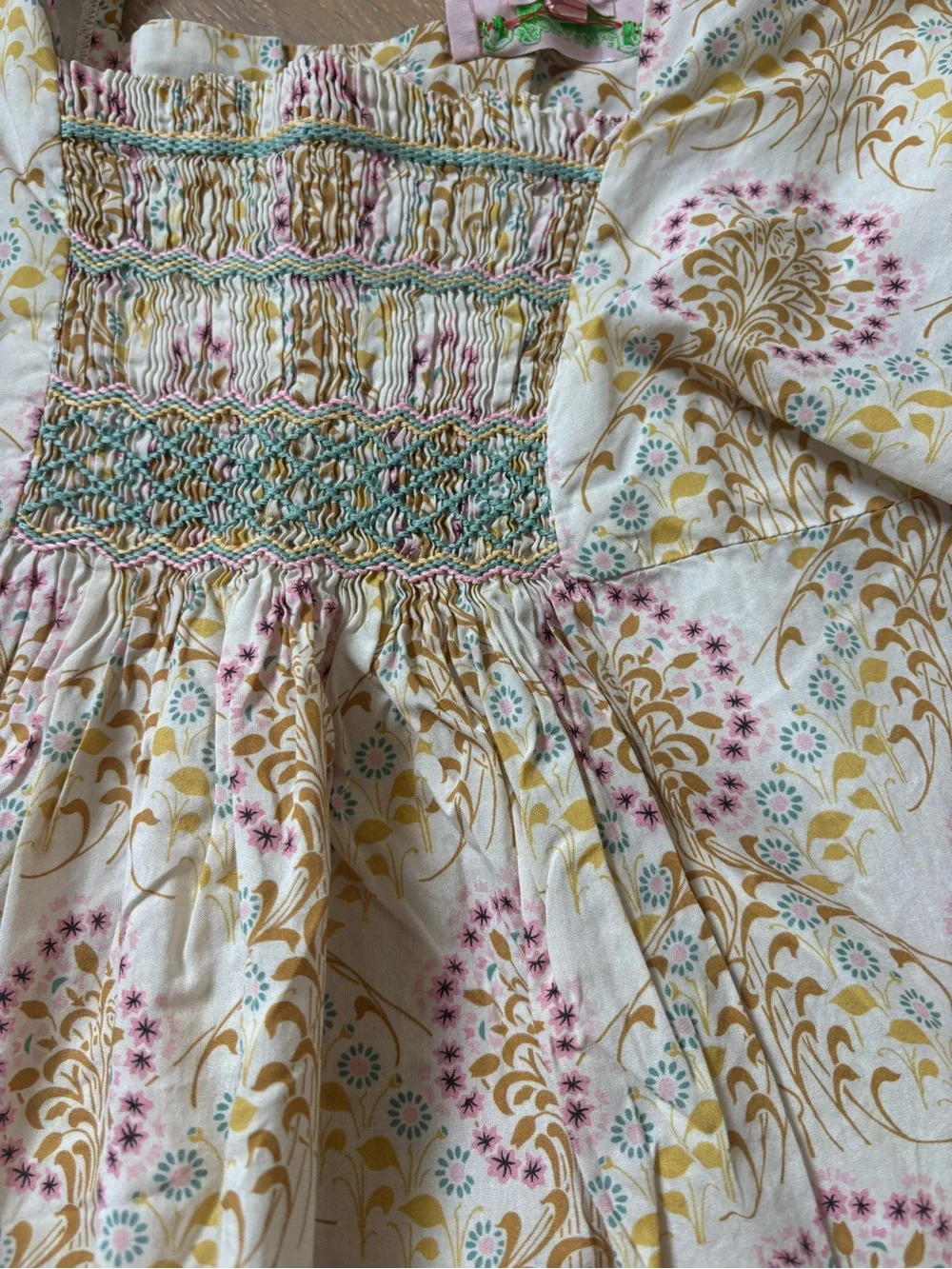 Bonpoint Smocked Floral Print Cotton Dress in Cream, Gold & Pink 4